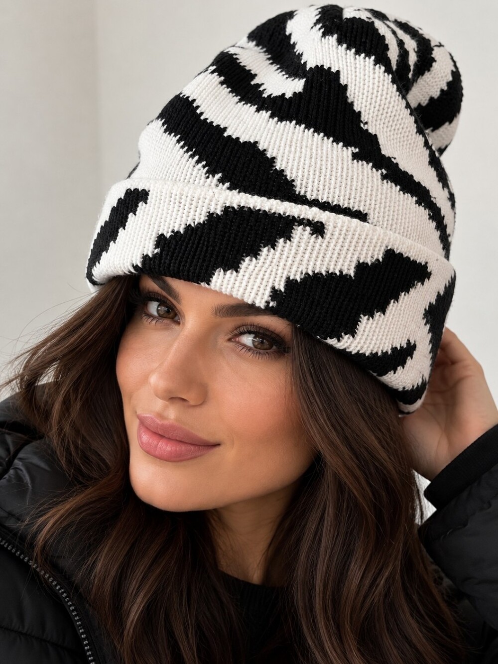 Aqua Black White Abstract Knit Beanie Hat